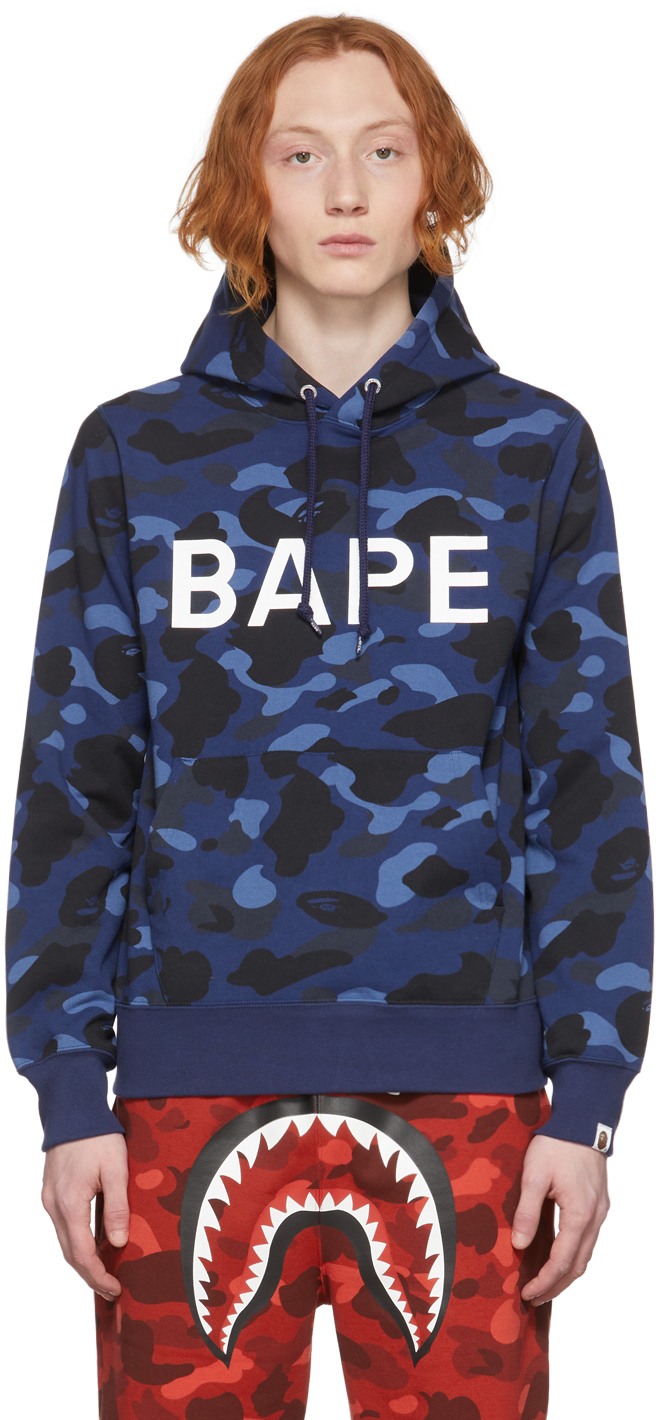 BAPE: Navy Camo Bape Hoodie - 221546M202005